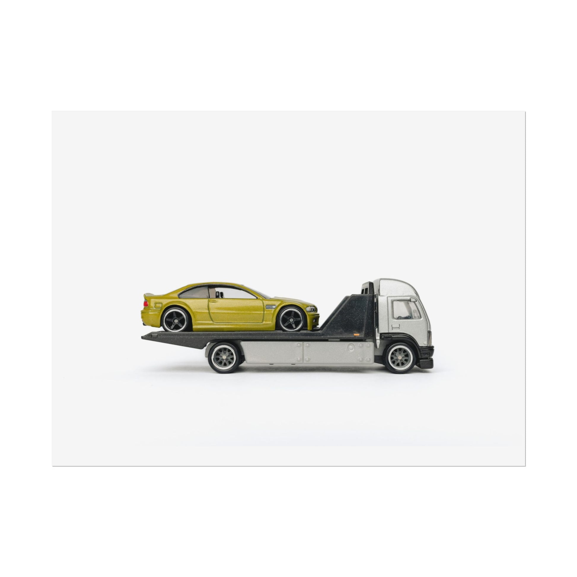 BMW on tow truck Toy Photography print - Perfect for Man cave, garage, hobby room, Kid's gift, and more!