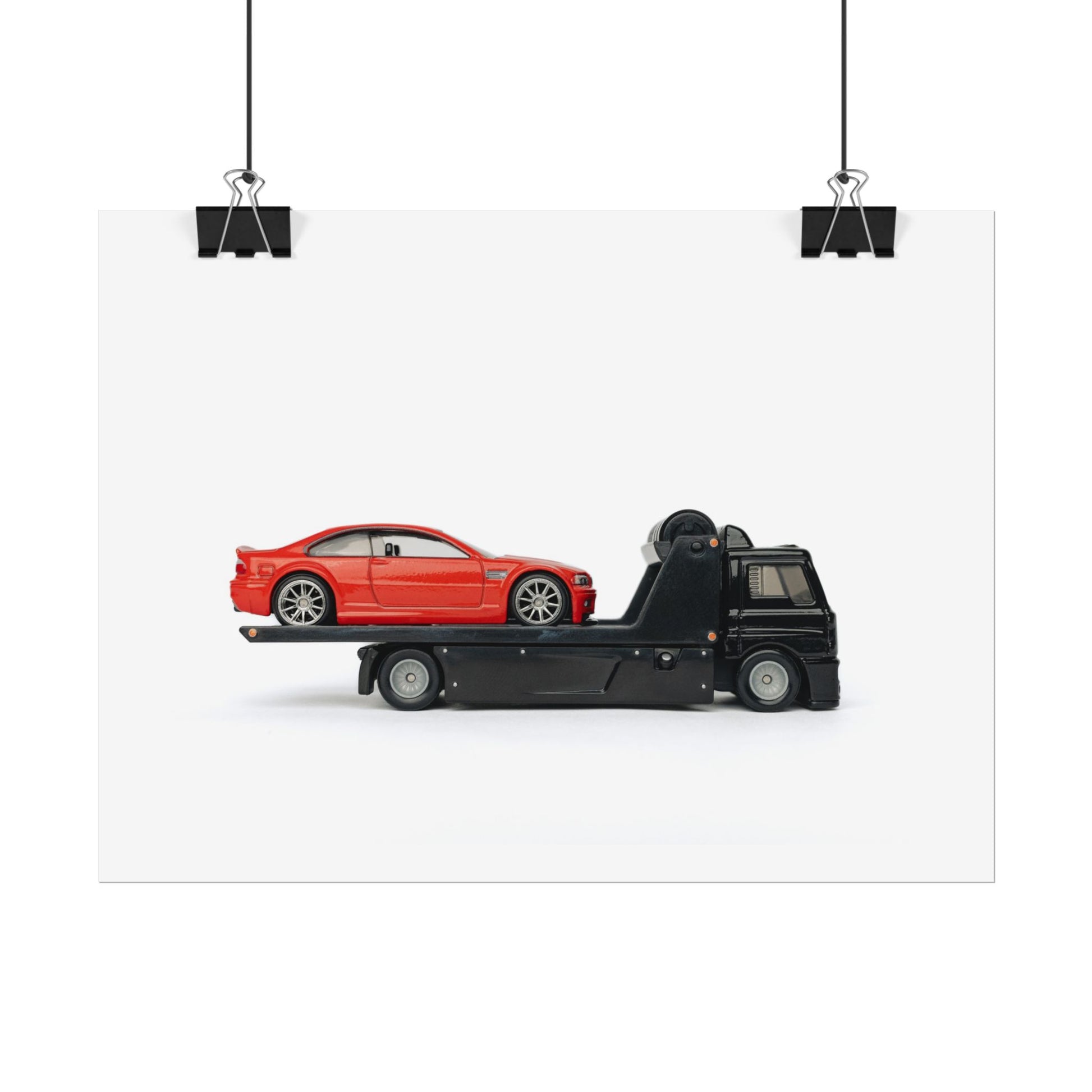 Red BMW on tow truck poster - Toy Photography Print