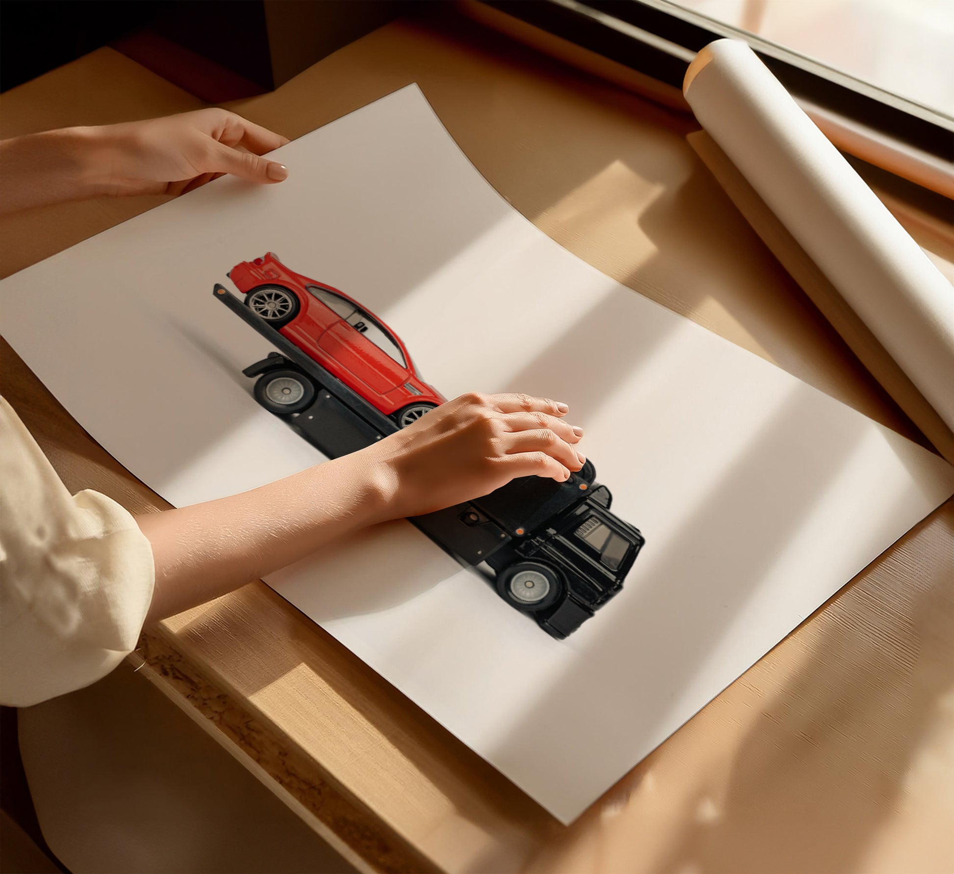 Red BMW on tow truck poster - Toy Photography Print
