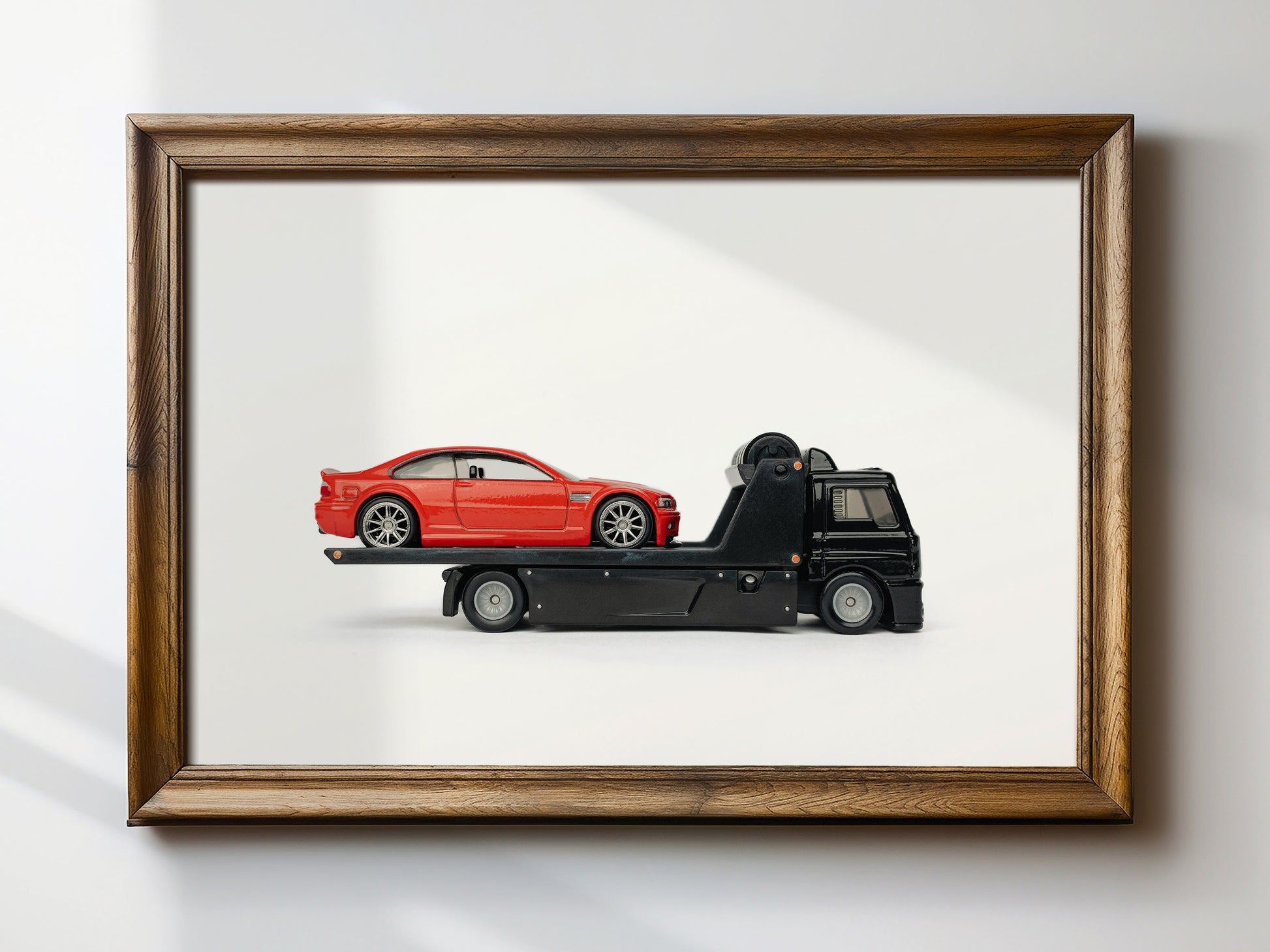 Red BMW on tow truck poster - Toy Photography Print