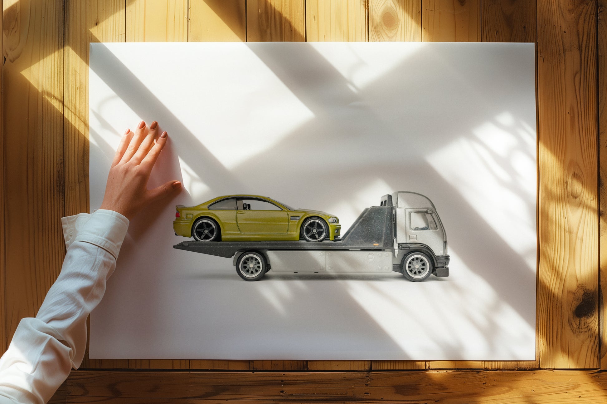 BMW on tow truck Toy Photography print - Perfect for Man cave, garage, hobby room, Kid's gift, and more!