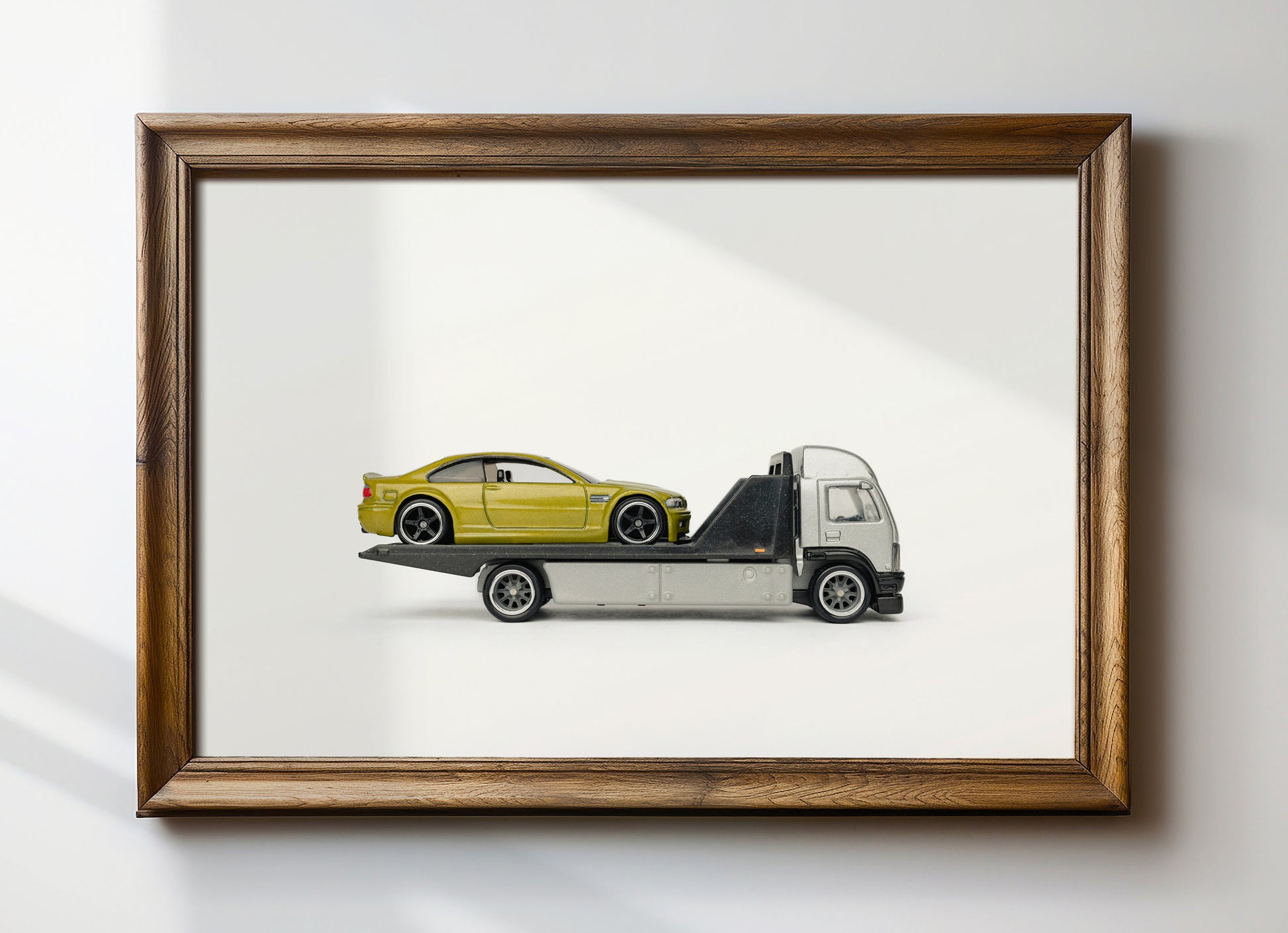 BMW on tow truck Toy Photography print - Perfect for Man cave, garage, hobby room, Kid's gift, and more!