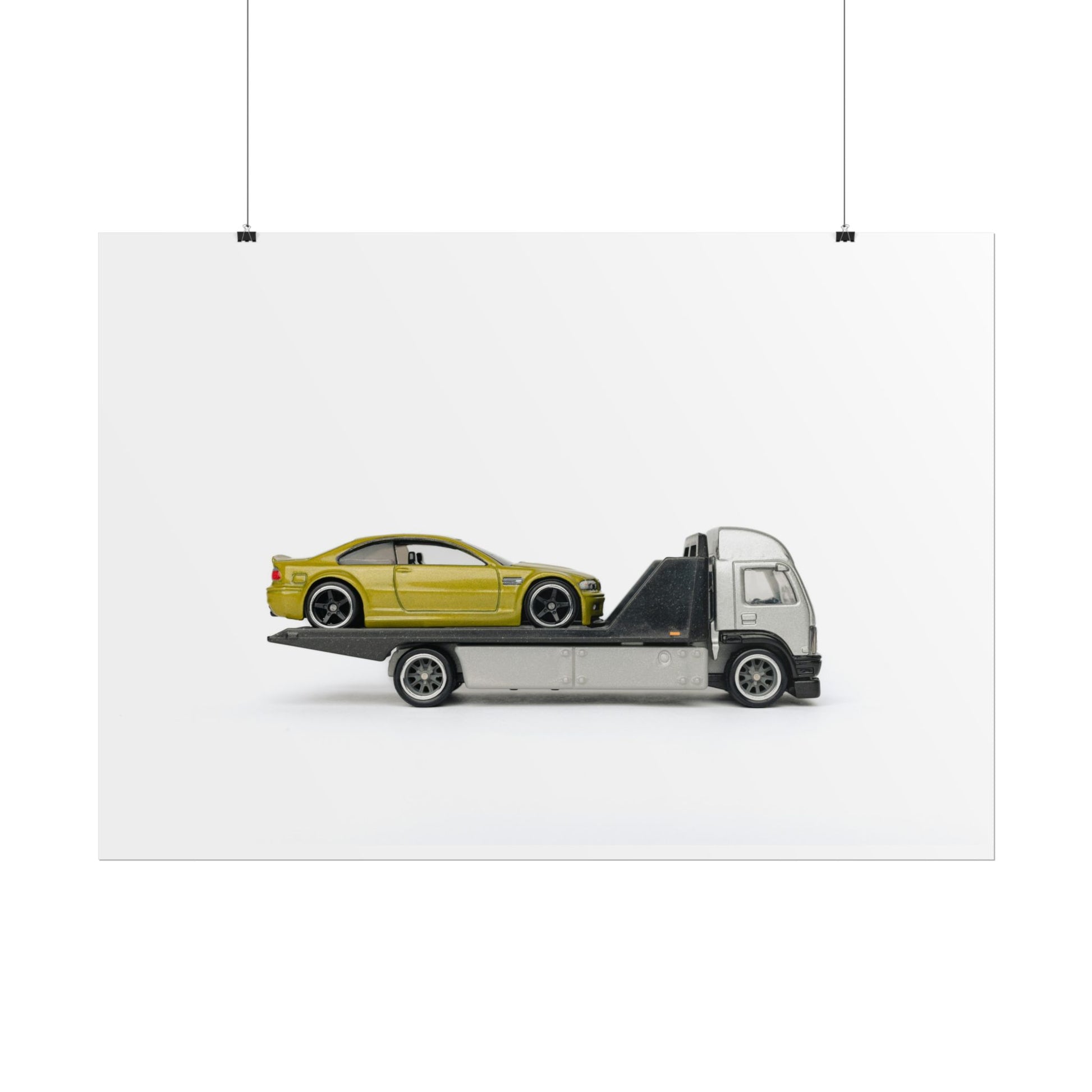 BMW on tow truck Toy Photography print - Perfect for Man cave, garage, hobby room, Kid's gift, and more!