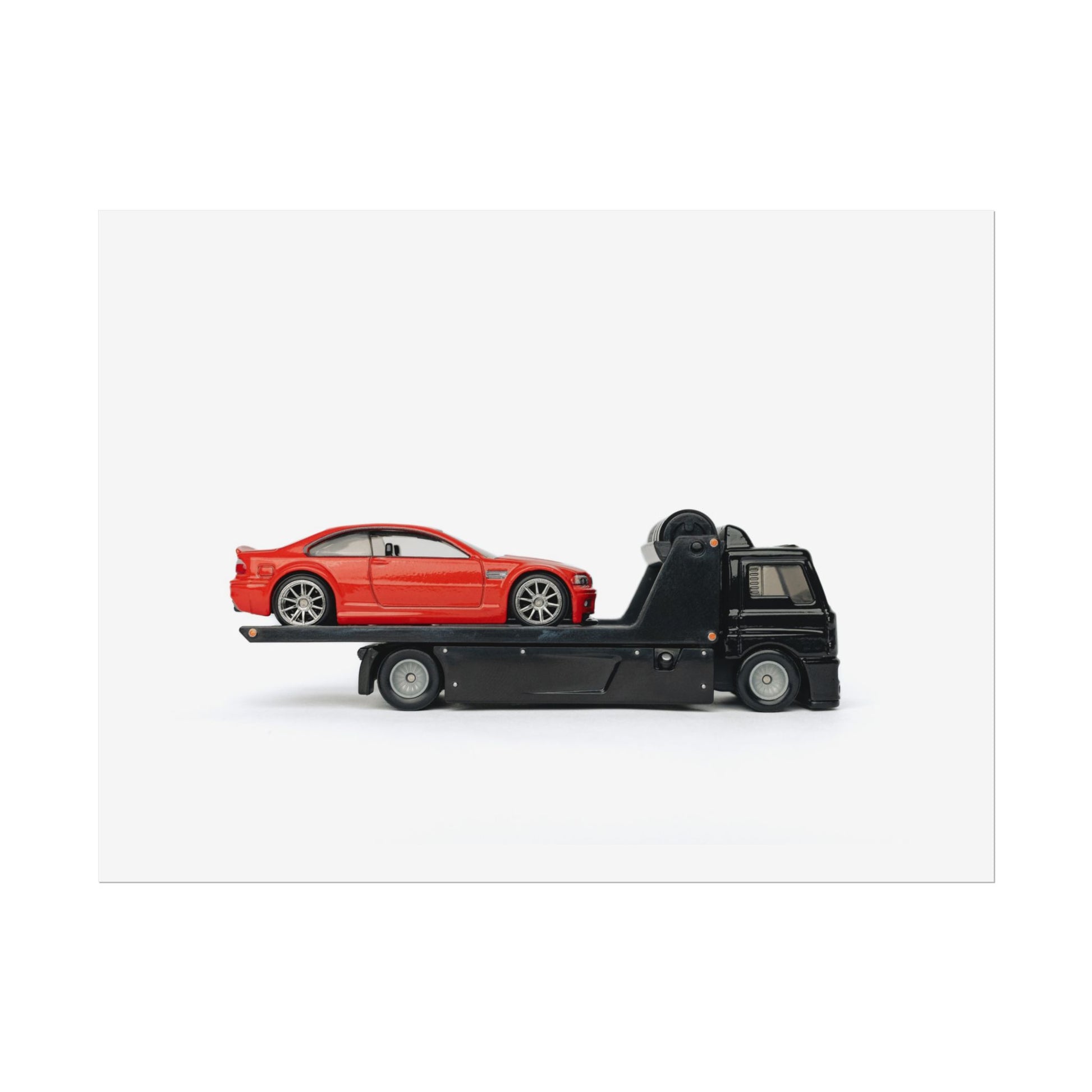 Red BMW on tow truck poster - Toy Photography Print
