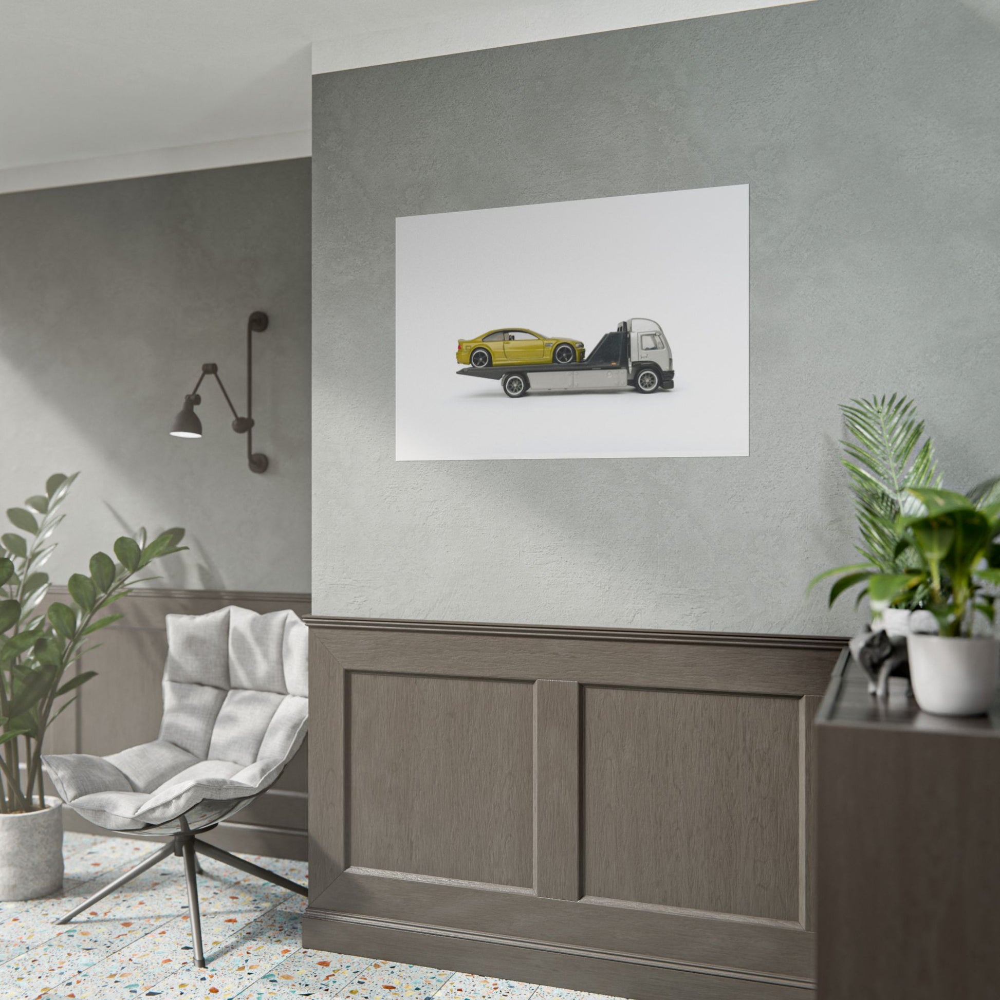 BMW on tow truck Toy Photography print - Perfect for Man cave, garage, hobby room, Kid's gift, and more!